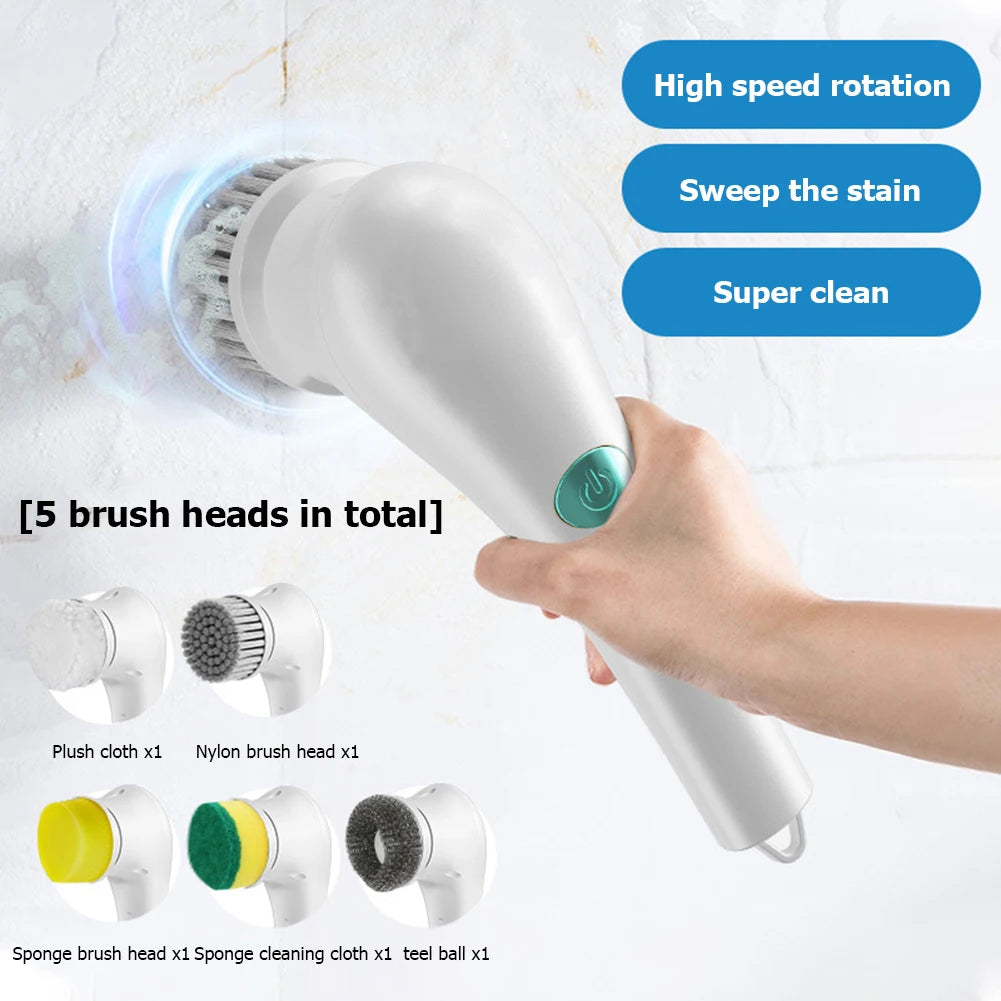 Handheld Cleaning Brush with 5 Brush Heads Rechargeable Shower Scrubber Multifunctional Clean Brush for Wall Dish Tile Tub Floor