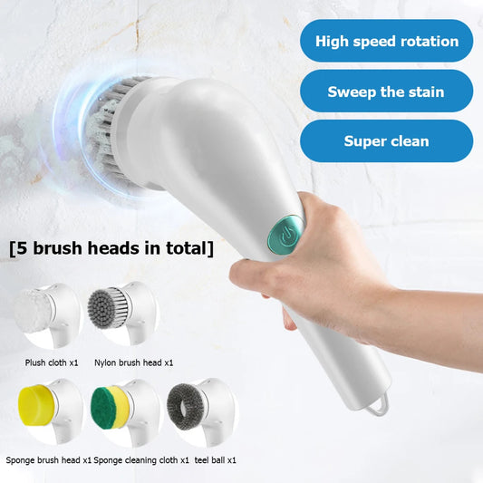 Handheld Cleaning Brush with 5 Brush Heads Rechargeable Shower Scrubber Multifunctional Clean Brush for Wall Dish Tile Tub Floor